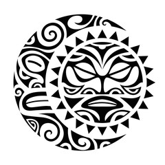 Sun and moon maori style tattoo sketch.  Round tribal ornament. - obrazy, fototapety, plakaty