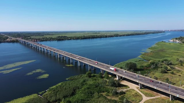The Antonovsky bridge in Kherson city aerial view.