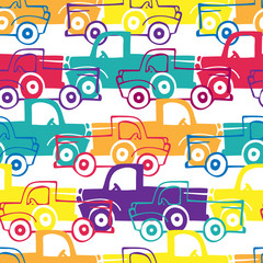 Vector seamless colorful pattern of ornamental cars in lines on white background
