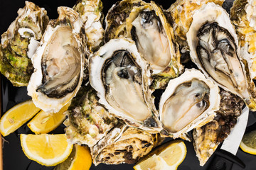 Opened oysters, ice and lemon on a black background.