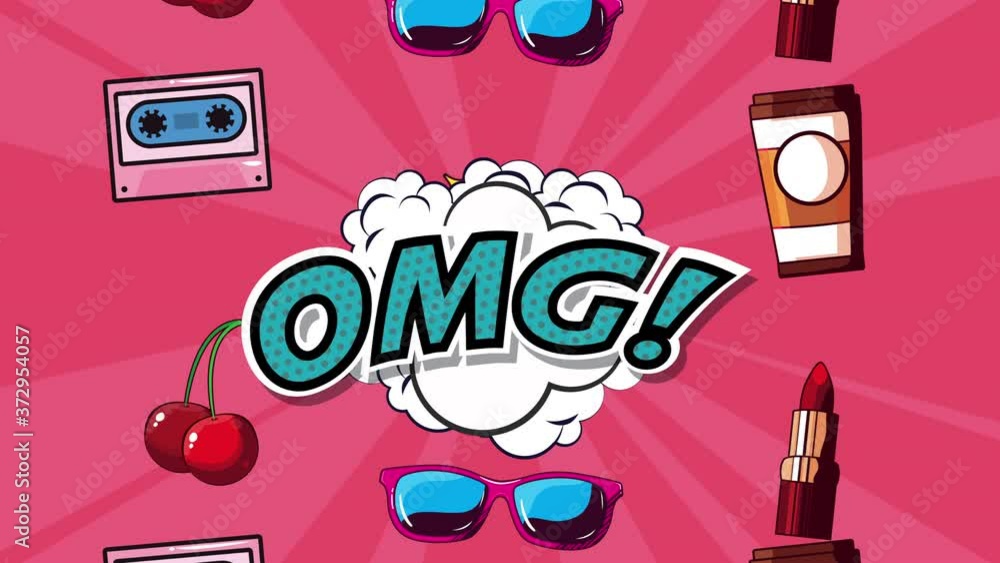 Poster pop art style animation with set icons and bang word