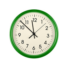 Green wall clock face isolated on white