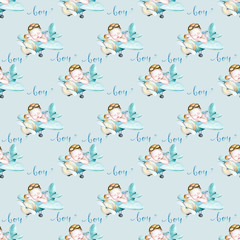 Watercolor seamless pattern with baby boy