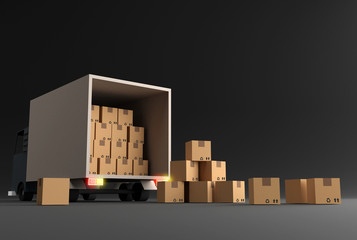 Delivery of goods and parcels in a truck. Unloading truck with cardboard boxes 3d render illustration