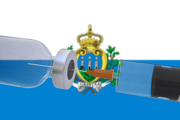 3D Illustration vaccine container bottle accompanied by a syringe with San Marino flag covid19 covid-19 coronavirus.