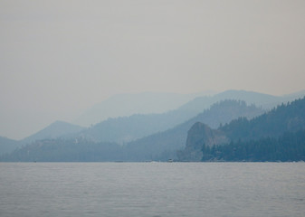 Smokey Skies Over Lake Tahoe and layers of Shrouded Ridgelines from Nevada Beach Nevada in from Wildfires of August 2020