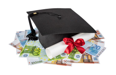 Graduate cap, banknotes and diploma