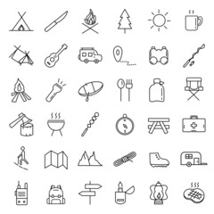 Camping outline icon set on white background.