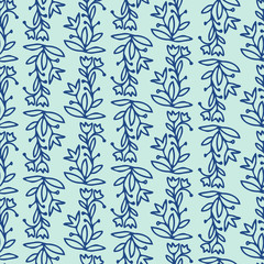 Seamless vector pattern of ornamental lined abstract flowers in blue tones