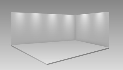 Blank display exhibition stand. 3D exhibition booth. White empty promotional stand with desk. Trade exhibition standard stand with spotlights.