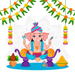 Illustration of lord ganesha on white traditional mandala and flower arrangement toran background.