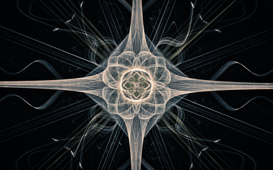 fantastic abstract symmetrical flower with petals consisting of a variety of geometric shapes of different colors on a black background