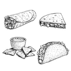 Hand drawn sketch style mexican food set. Nachos with sauce, burrito, taco and quesadilla. Traditional Mexico food in vintage handmade style. Vector illustration for menu designs and package.