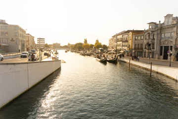 Obraz premium Urban water channel with gondolas in front of historical buildings