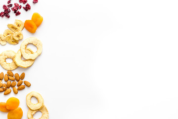 Variety of healthy snacks overhead on the table, copy space