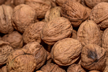 Full frame detail of natural walnuts as backdrop