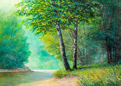 Oil painting landscape , beautiful river.