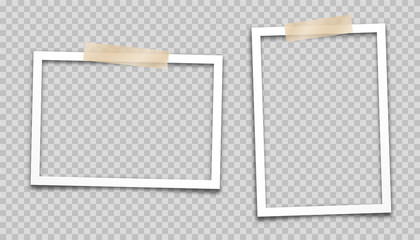 Realistic empty photo card frame, film set. Retro vintage photograph. Digital snapshot image. Template or mockup for design. Vector illustration.