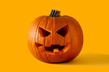 Natural halloween pumpkin on orange background