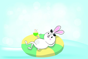 cute cartoon happy rabbit on life ring on sea, summer time.Vector illustration. Eps 10.