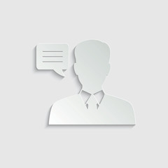 paper Businessman icon. man silhouette. Businessman in suit with chat icon