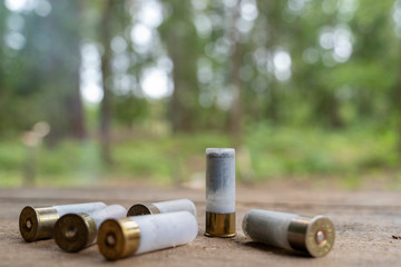 the bullets from the gun on a wooden table