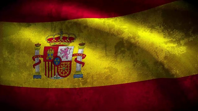 60FPS dark grunge Spain flag  with shabby fabric texture waving, UHD 4k 3d seamless looping animation