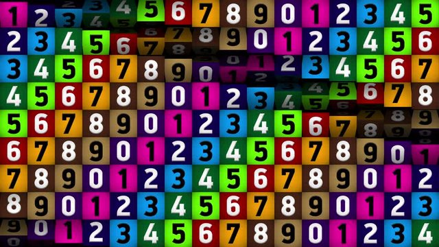 A wall of multicolored rotating cubes with numbers