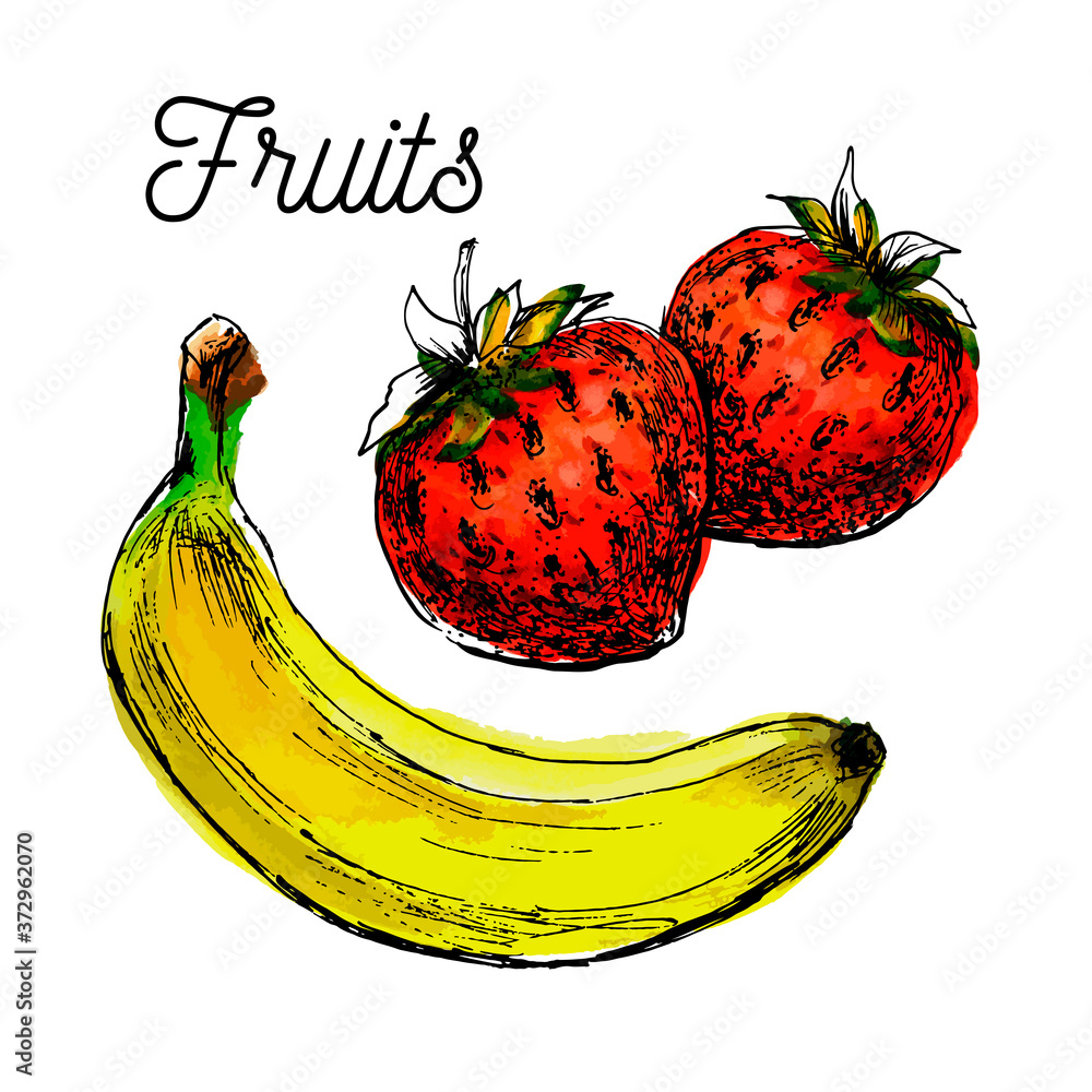 Poster Bananas and fresh strawberries illustration vector black