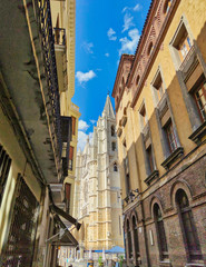 Fototapeta na wymiar Calle Mariano Dominguez Berrueda y catedral gotica de Leon