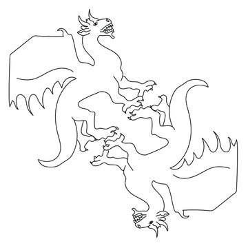 outline drawing of two dragons in mirror reflection, fantastic character coloring page, vector illustration