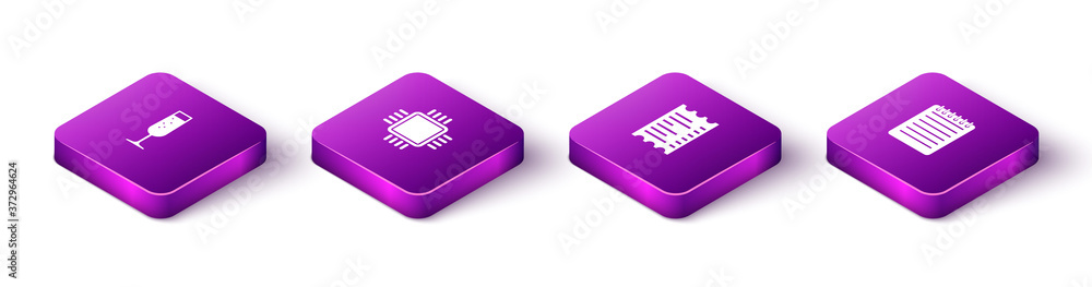 Poster set isometric glass of champagne, processor with cpu, paper financial check and notebook icon. vecto