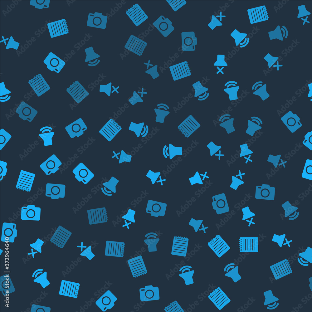 Poster Set Notebook, Speaker mute, volume and Photo camera on seamless pattern. Vector.
