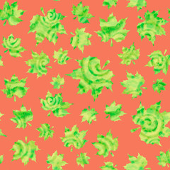 Watercolor green maple leaves on red  background. Seamless pattern. Hand-painted texture. Watercolor stock illustration. Design for backgrounds, wallpapers, textile, covers and packaging.