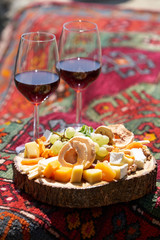 Wine and snack set. Antipasto and catering table