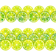 Watercolor slices of lemon and lime. Juicy citrus background. Seamless horizontal border. Isolated on white background. Watercolor stock illustration. Design for border,paper scotch tape, packing tape