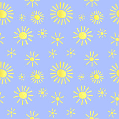 Seamless watercolor pattern with suns on blue background for fabric texture, children and party accessories desig, decor