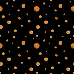 Seamless watercolor pattern with gold polka dots on black background for fabric texture, children and party accessories, decor