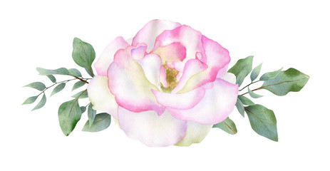 Obraz premium Watercolor floral composition with rose and eucaliptus leaves for wedding invitation design, decor