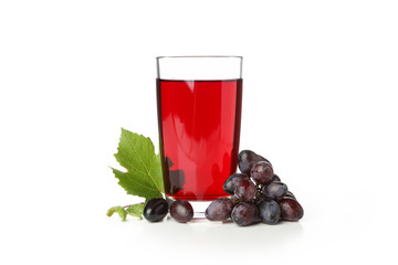 Ripe grape and glass of juice isolated on white background