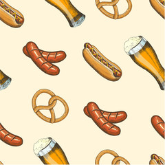 Oktoberfest celebration seamless pattern with beer, pretzel, sausage and hod dog in sketch style.  Hand made lettering. Seamless background for wallpaper, web page background, surface textures, menu
