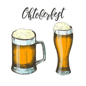 Oktoberfest set of hand drawn colored glass of beer isolated on white. Beer festival. Vector