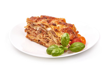 Traditional Homemade Italian Lasagna, isolated on white background
