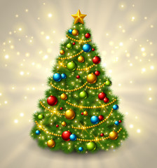 Christmas tree with colorful baubles and gold star on the top. Vector illustration. Glowing festive background with light beams and sparks.