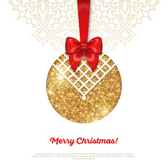 Greeting Card with Shining Gold Bauble and Red Silk Ribbon. Vector illustration. Happy New Year, Merry Christmas, Seasons Greetings.