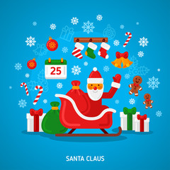 Santa Claus on Sleigh. Vector illustration. Merry Christmas Card in Flat Style. Creative New Year Icon Concept. Happy Xmas Greeting Character.