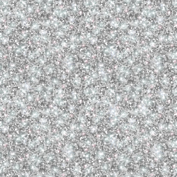 Silver Glitter Texture, Seamless Sequins Pattern. Vector Illustration. Lights and Sparkles. Glowing New Year or Christmas Backdrop. Silver Dust.