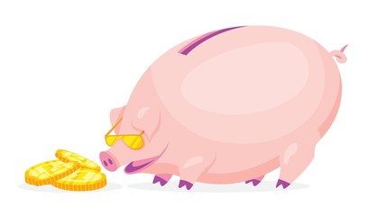 Fat cartoon pig piggy bank wearing golden glasses