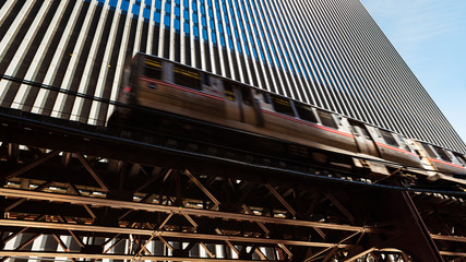 Chicago commuter train cityscape
