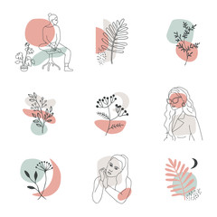 Vector art templates with linear portraits of girls ,leaves, flowers, and abstract shapes.Set of creative minimalist hand-painted illustrations for wall decoration, postcard or brochure design.